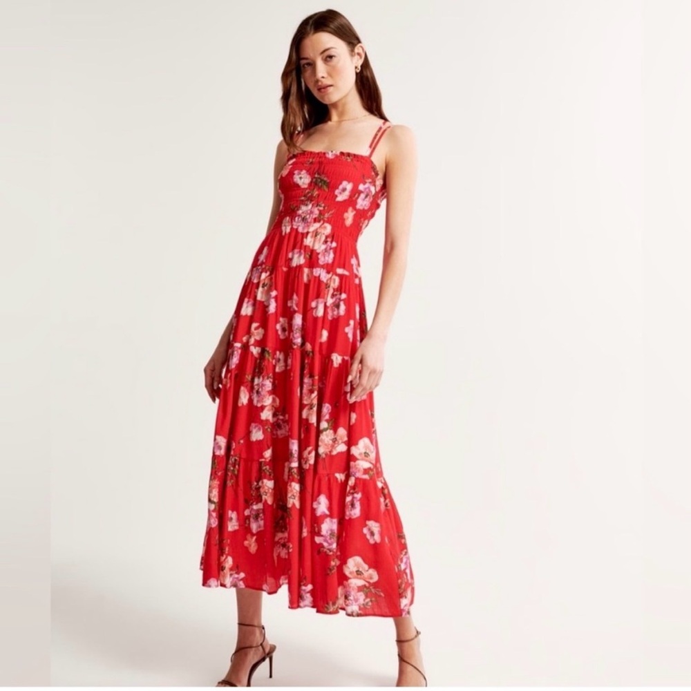 Abercrombie & Fitch Red Floral Smocked Maxi Dress